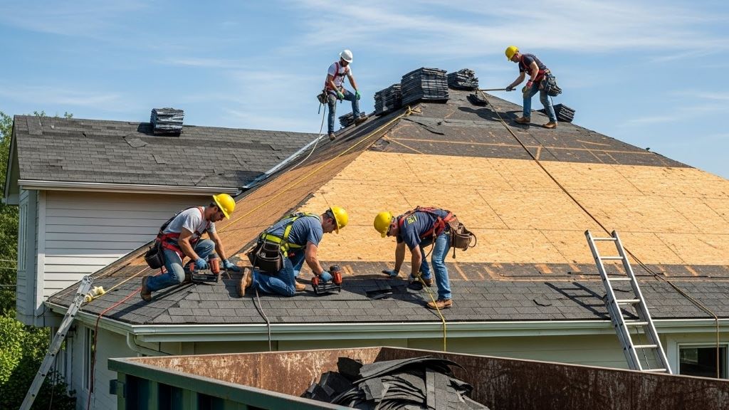 Professional roofing crew working on home roof replacement project under blue sky with safety equipment