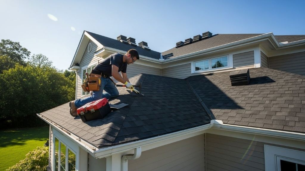 Roofing contractor installing shingles on residential home during clear sunny weather conditions