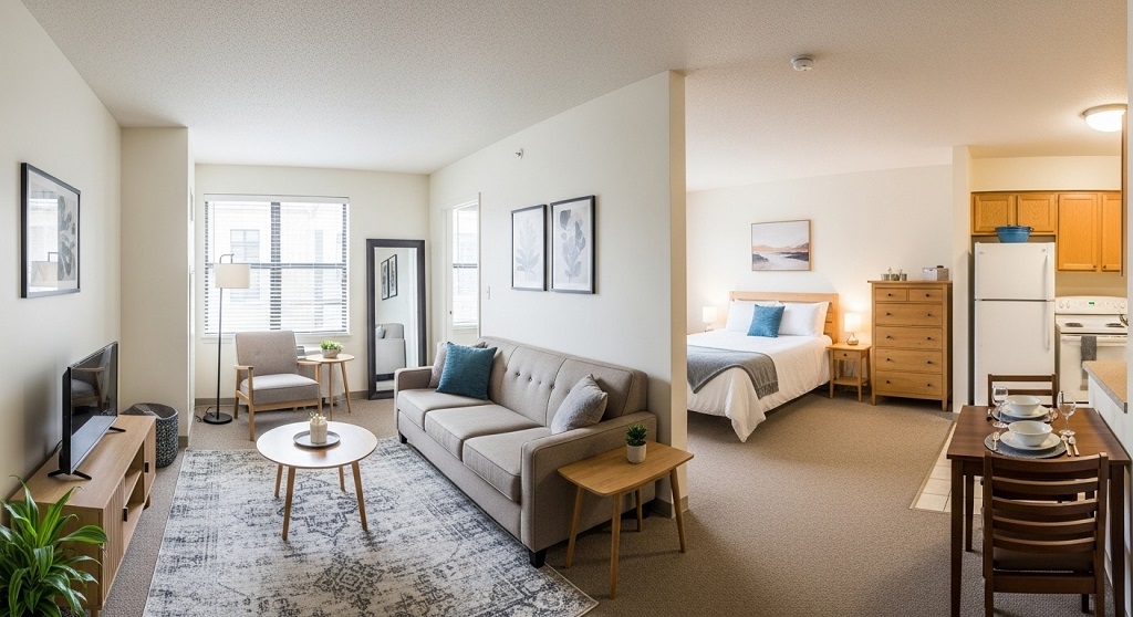 Small apartment living room with multifunctional furniture