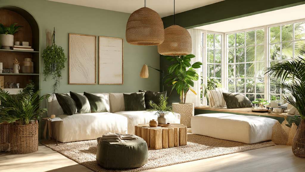 green and cream living room with natural elements