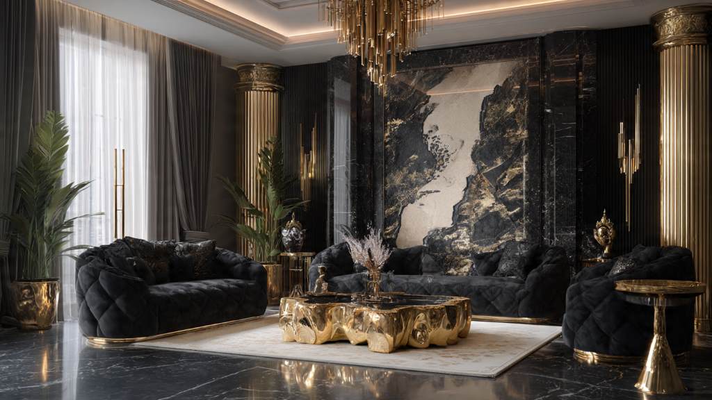 luxury black and gold living room setup