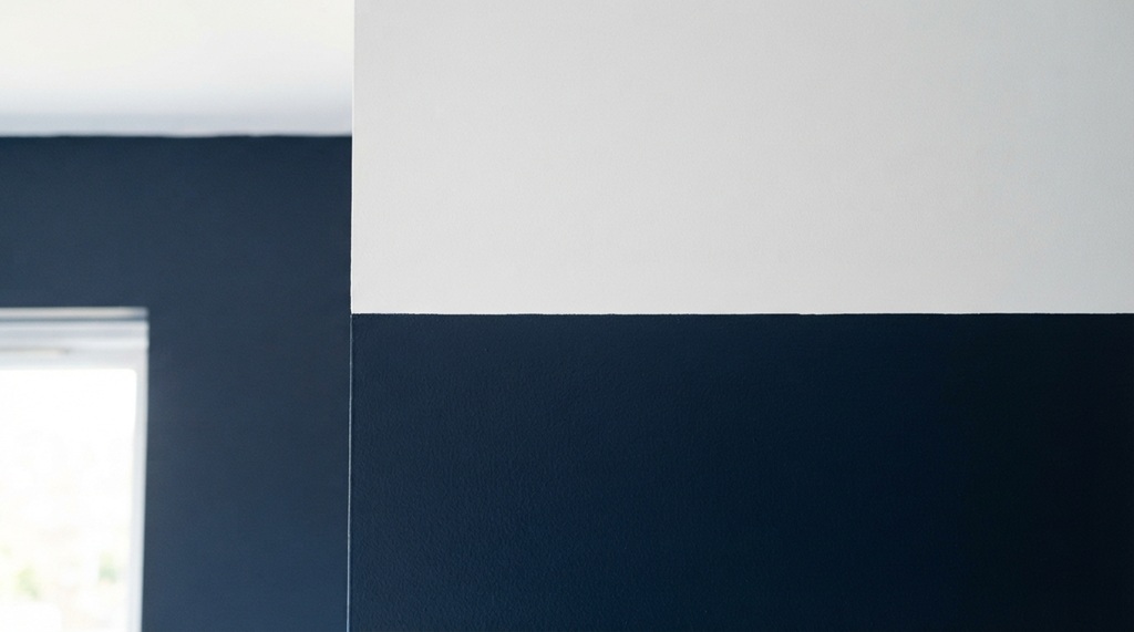 Crisp paint line between navy blue accent wall and white ceiling.