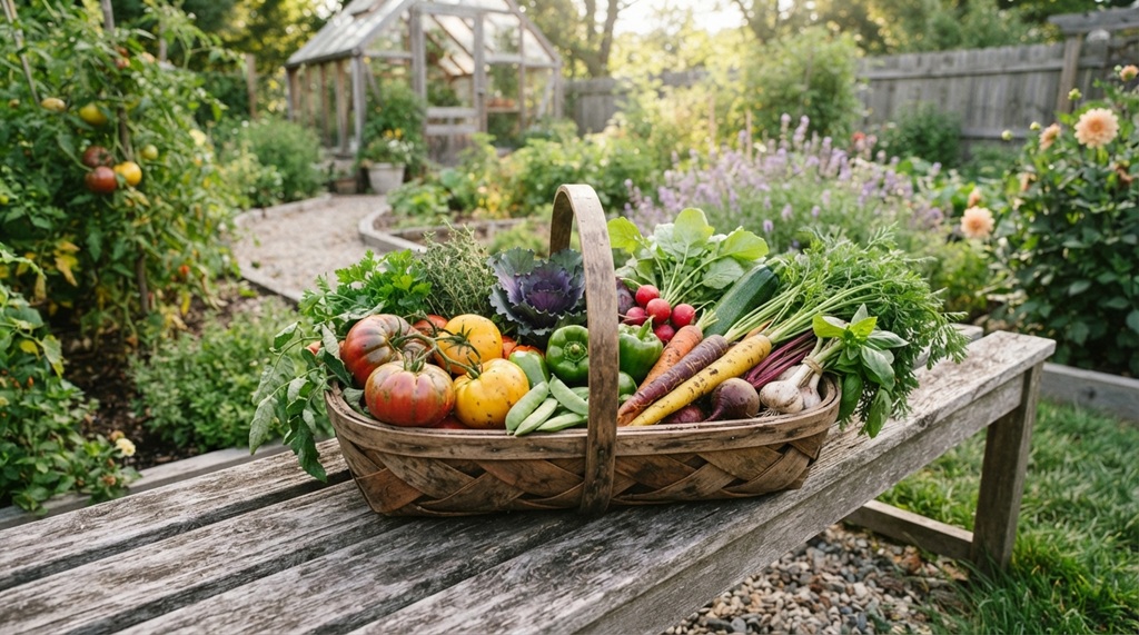 Wooden basket filled with freshly harvested carrots, radishes, and leafy green vegetables.