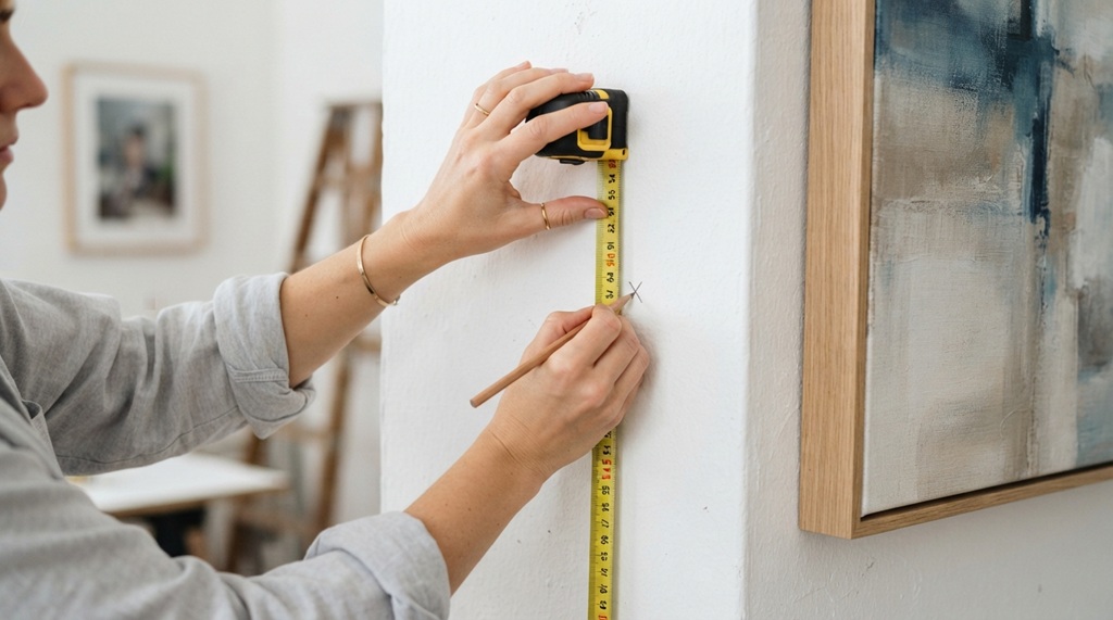 Person measuring wall with tape measure to mark picture frame placement.