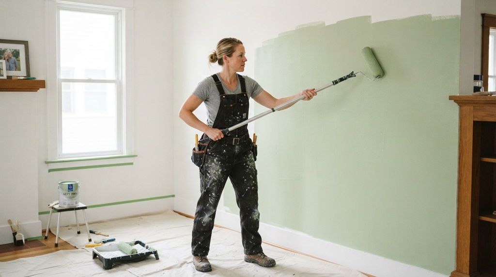 Female painter applying an even coat of green paint with a roller.