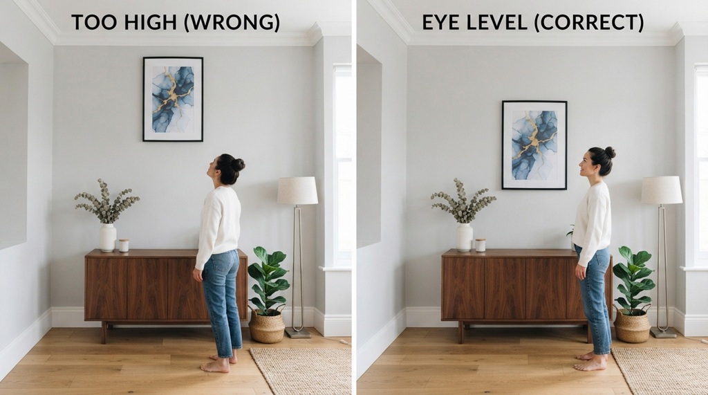 Comparison showing correct and incorrect hanging heights for framed wall art.